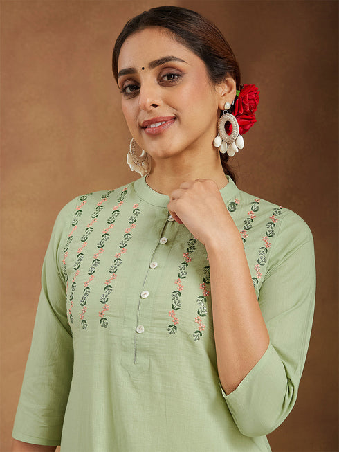 Janasya Women's Mint Green Pure Cotton Embroidered A-line Kurta Pant Set